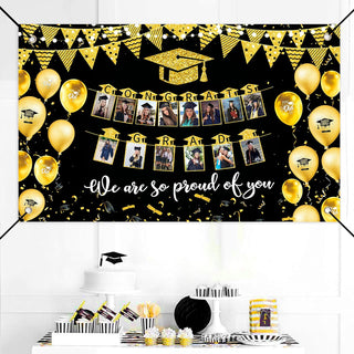 2024 Black Gold Graduation Party Decorations Congrats Grads Photo Banner Backdrop 2