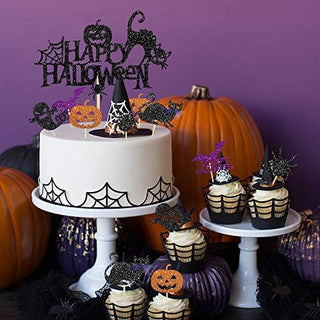 Happy Halloween Cake Toppers with Black Cat, Pumpkin, Ghost & Witch (37pcs) 2