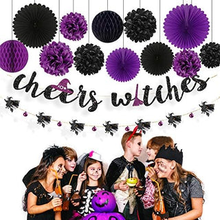 ‘Cheers Witches’ Halloween Banner with Purple Black Paper Fan & Pom 2