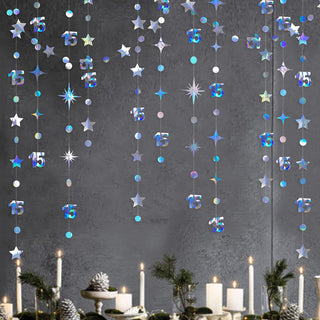 Iridescent '15' Birthday Decorations Garland with Circle Dots & Stars 2