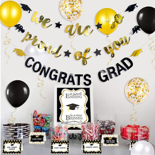 Graduation Party Balloons and Banners Set in Gold and Black (11 pcs) 2