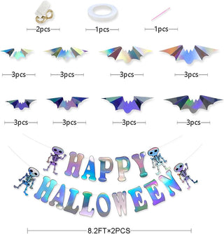 Halloween Iridescent Skull Banner with 3D Bat Wall Decal Sticker 6