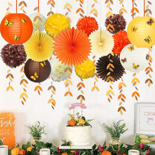 Fall Paper Lanterns and  Hanging Paper Fans in Yellow Orange Brown  2