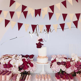 Bridal Shower Party Triangle Flag Banner in Champagne Gold & Burgundy(30Ft) 2