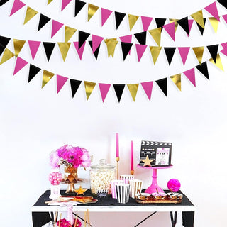 Hot Pink Black Gold Hanging Paper Triangle Flag Banner for Hen Party (30Ft) 2
