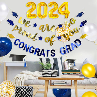 Graduation Party 2024 Foil Balloons and Banners Set in Navy Blue and Gold (12 pcs)  2
