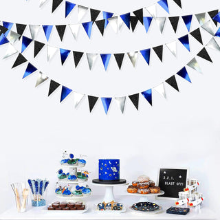 Grad Party Triangle Flag Banner in Navy Blue, Black & Silver(30Ft) 1