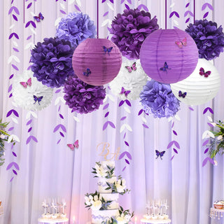 Lilac Leaf Garland with Purple White Lantern Flower & Pom Pom (28pcs) 2