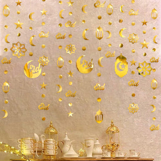 Ramadan Eid Mubarak Garland with Moons, Dots and Lanterns in Gold 2