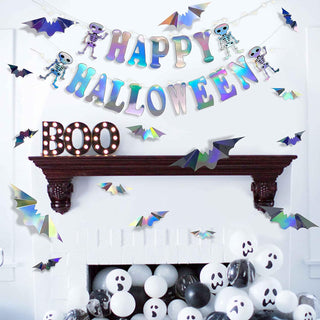 'Happy Halloween' Iridescent Banner with 3D Bat & Skull Stickers 2