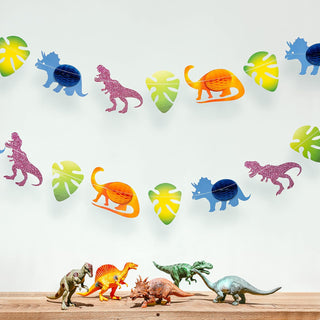 Dinosaur Banner with Monstera Deliciosa Leaves and Folded Honeycomb 1