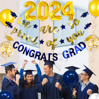 Graduation Party 2024 Foil Balloons and Banners Set in Navy Blue and Gold (12 pcs)  3