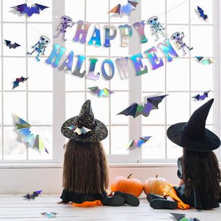 'Happy Halloween' Iridescent Banner with 3D Bat & Skull Stickers 3