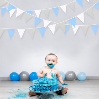 Blue Happy Birthday Banner of Fabric Flag in Blue, Grey & White (32Ft) 3