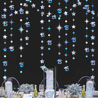 Iridescent '15' Birthday Decorations Garland with Circle Dots & Stars 3