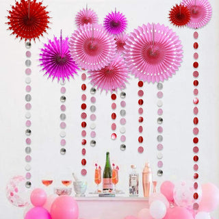Rose, Red, Pink and Silver Hanging Pom Pom Paper Fans Set (26ft) 2