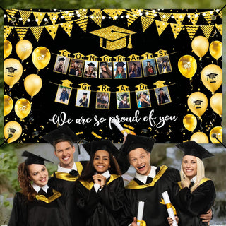 2024 Black Gold Graduation Party Decorations Congrats Grads Photo Banner Backdrop 3