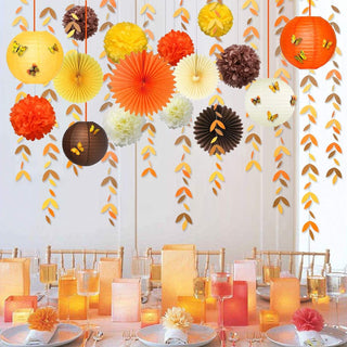Fall Paper Lanterns and  Hanging Paper Fans in Yellow Orange Brown  3