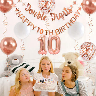 Happy 10th Birthday Foil Balloons and Banners Set in Rose Gold 3