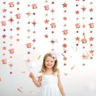 15th Birthday Rose Gold Garland with Circle Dot & Twinkle Stars (46Ft) 3