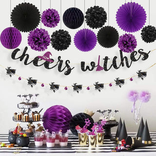 ‘Cheers Witches’ Halloween Banner with Purple Black Paper Fan & Pom 3