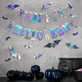 Halloween Iridescent Skull Banner with 3D Bat Wall Decal Sticker 3