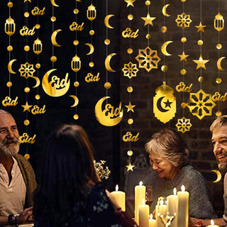Ramadan Eid Mubarak Garland with Moons, Dots and Lanterns in Gold 3