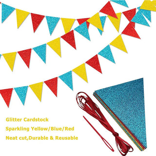 Glitter Pennant Bunting Flags in Yellow, Blue and Red 5