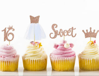 32Pcs Rose Gold Sweet Sixteen Birthday Cake Decorations 16th Glitter Cake Topper  3