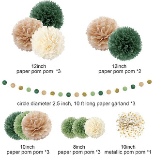 Green, Beige and Gold Tissue Paper Pom Poms Flower and Garlands (15pcs)  7