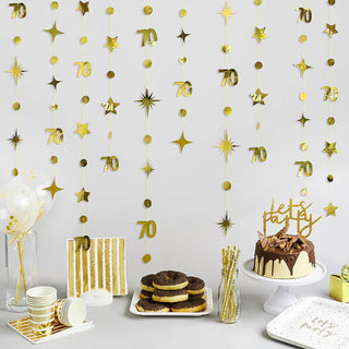 Gold 70th Birthday Decor Circle Dot Garland with Twinkle Stars (46Ft)  3