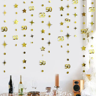 50th Birthday Garland in Gold with Number 50, Dots and Stars3