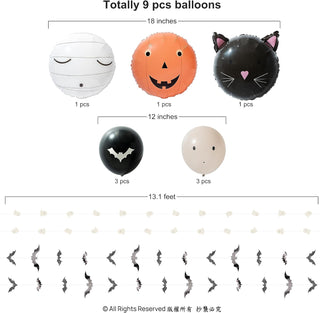 Cute Halloween Balloons and Garlands Kit with Mummy, Pumpkin, Cat, Ghost and Bat (15pcs)  details
