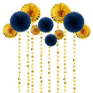 40th Birthday Paper Fans in Gold and Navy Blue (14pcs) 1