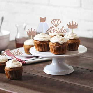 Rose Gold Glitter Cupcake Toppers with 'Bride', Dimond, Crown & Yarn (32PCS) 2