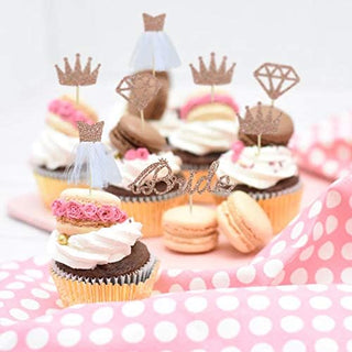 Rose Gold Glitter Cupcake Toppers with 'Bride', Dimond, Crown & Yarn (32PCS) 3