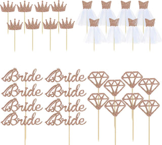 Rose Gold Glitter Cupcake Toppers with 'Bride', Dimond, Crown & Yarn (32PCS) 5