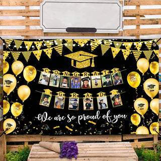 2024 Black Gold Graduation Party Decorations Congrats Grads Photo Banner Backdrop 5