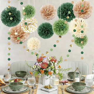 Green, Beige and Gold Tissue Paper Pom Poms Flower and Garlands (15pcs)  3