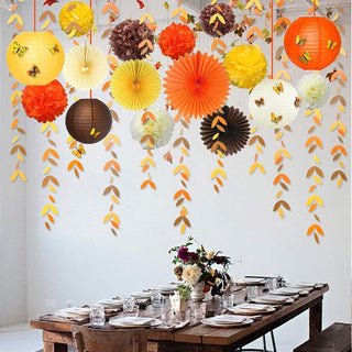 Fall Paper Lanterns and  Hanging Paper Fans in Yellow Orange Brown  4