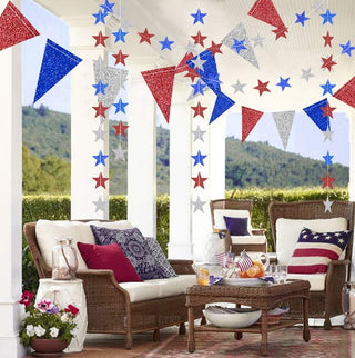 Bunting Flags and Star Garlands in Red, Blue and Silver 26ft 4