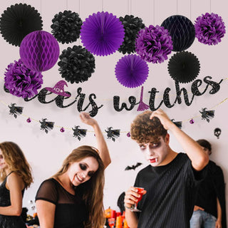‘Cheers Witches’ Halloween Banner with Purple Black Paper Fan & Pom 4