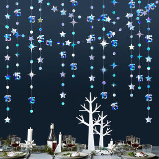 Iridescent '15' Birthday Decorations Garland with Circle Dots & Stars 4