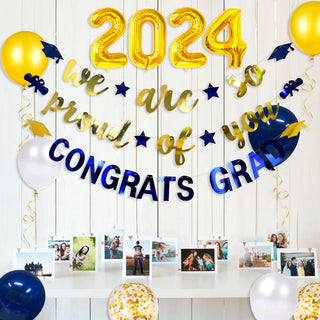 Graduation Party 2024 Foil Balloons and Banners Set in Navy Blue and Gold (12 pcs)  4