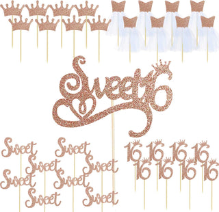 33Pcs Rose Gold Sweet Sixteen Cupcake Topper 16th Birthday Cake Topper 4