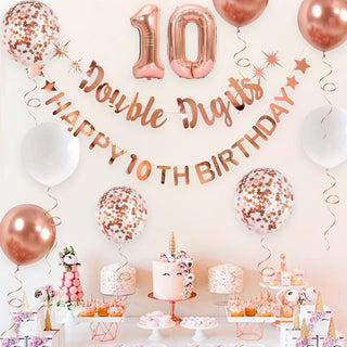Happy 10th Birthday Foil Balloons and Banners Set in Rose Gold 4