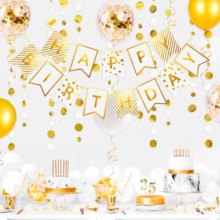Birthday Bunting Banner and Balloons Set in Gold and White (22 pcs)  5