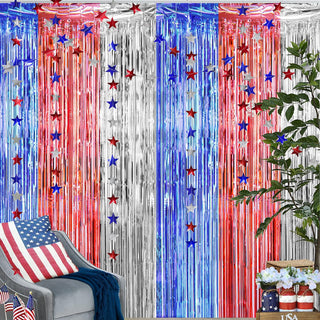 Fringe Curtains and Star Garlands in Red, Blue and Silver 52ft 4