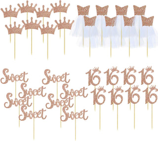 32Pcs Rose Gold Sweet Sixteen Birthday Cake Decorations 16th Glitter Cake Topper  4