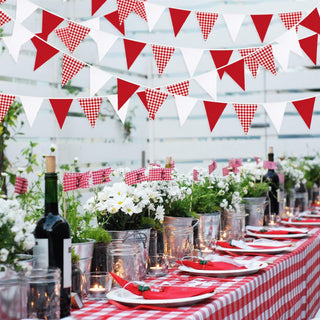  Red Theme Triangle Flag Bunting Banner in Red, Gingham, White (32Ft) 3